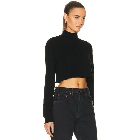 RE/DONE X HANES Womens Crop Top Large Black Mock Neck Long Sleeve Cotton NWT - Picture 2 of 12